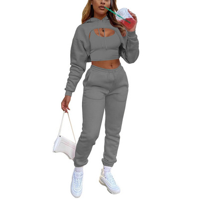 Őszi téli 3 db-os szett női tréningruha Polár hosszú ujjú pulóver Crop Top kapucnis+Tanks+Jogger Pants Solid Outfit Sportruha