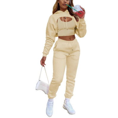 Őszi téli 3 db-os szett női tréningruha Polár hosszú ujjú pulóver Crop Top kapucnis+Tanks+Jogger Pants Solid Outfit Sportruha