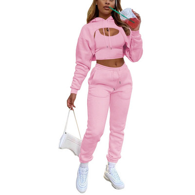 Őszi téli 3 db-os szett női tréningruha Polár hosszú ujjú pulóver Crop Top kapucnis+Tanks+Jogger Pants Solid Outfit Sportruha