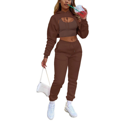 Őszi téli 3 db-os szett női tréningruha Polár hosszú ujjú pulóver Crop Top kapucnis+Tanks+Jogger Pants Solid Outfit Sportruha