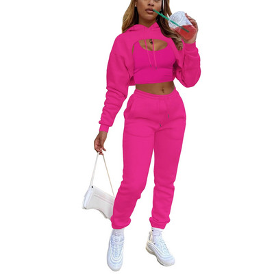 Őszi téli 3 db-os szett női tréningruha Polár hosszú ujjú pulóver Crop Top kapucnis+Tanks+Jogger Pants Solid Outfit Sportruha