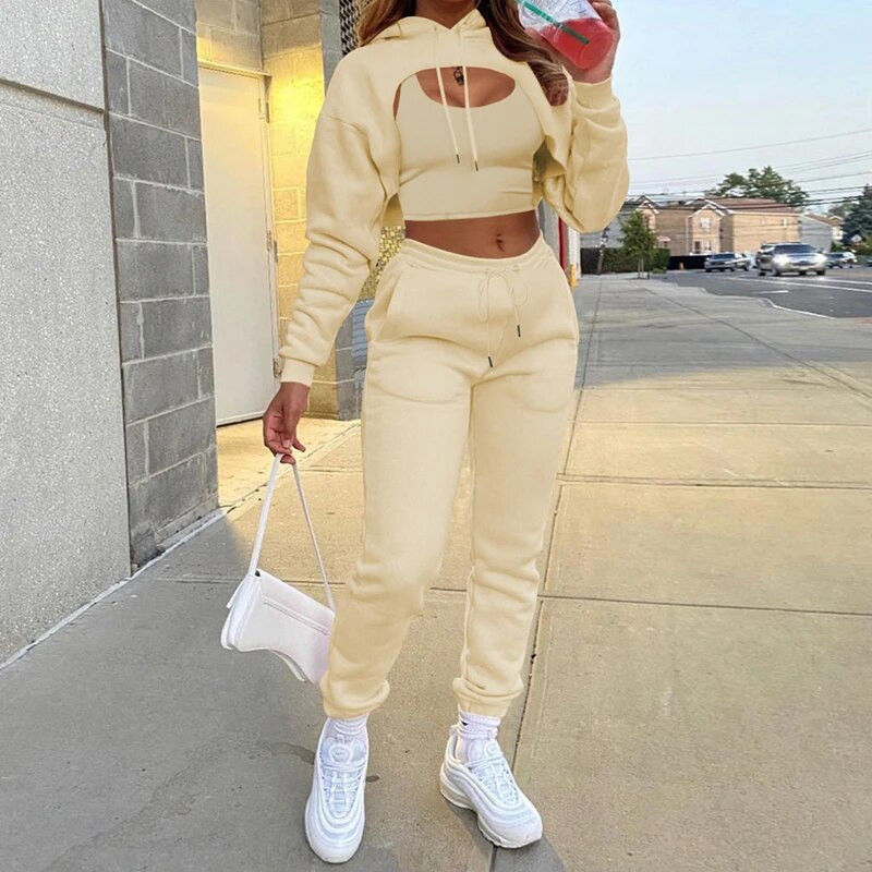 Есен Зима Комплект от 3 бр. Дамски анцуг Поларен пуловер с дълъг ръкав Укорочена горна качулка+потници+панталони за джогинг Едноцветен спортен костюм