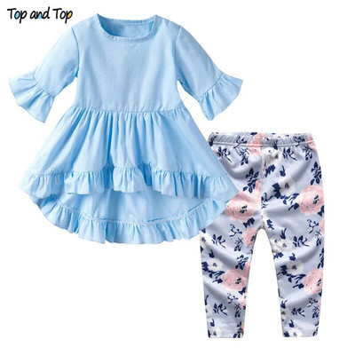 Felső és felső divat aranyos baba lány ruha szett szirom rövid ujjú ruha póló+nyomtatott leggings nadrág 2 db kisgyermek lány ruhák