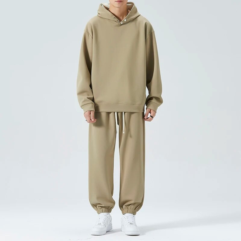 Harajuku Едноцветни мъжки комплекти Ежедневни суичъри с качулка и дълъг ръкав Свободни панталони с шнурове Есенни прости мъжки спортен комплект на открито