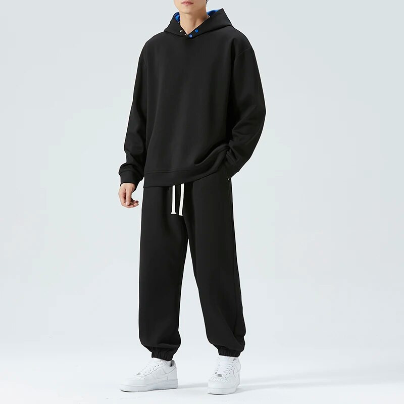 Harajuku Едноцветни мъжки комплекти Ежедневни суичъри с качулка и дълъг ръкав Свободни панталони с шнурове Есенни прости мъжки спортен комплект на открито