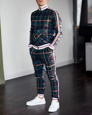 Нов кариран спортен костюм Мъжки комплекти Джентълменско яке Спортно облекло Спортен костюм 3D печат Мъжки комплект от 2 части Спортни панталони Chandals Мъжки дрехи