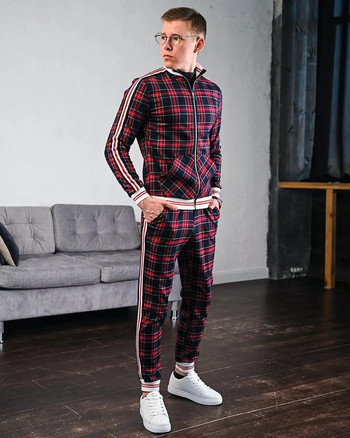 Нов кариран спортен костюм Мъжки комплекти Джентълменско яке Спортно облекло Спортен костюм 3D печат Мъжки комплект от 2 части Спортни панталони Chandals Мъжки дрехи