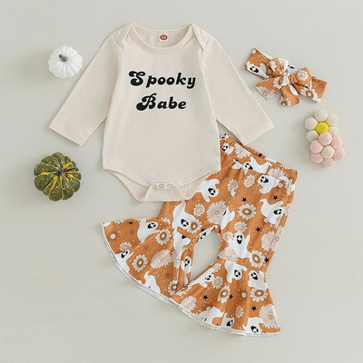 Újszülött kislány 2db Jumpsuits ruha öltöny hosszú ujjú betűs nadrág virágos flare nadrág fejpánt szett őszi tavaszi felszerelés