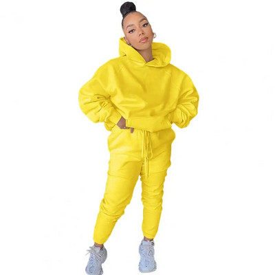 Есен Зима Комплект от 2 бр. Дамски анцуг Поларен пуловер с дълъг ръкав Топла горна качулка + панталони за джогинг Едноцветно облекло Комплекти спортни костюми