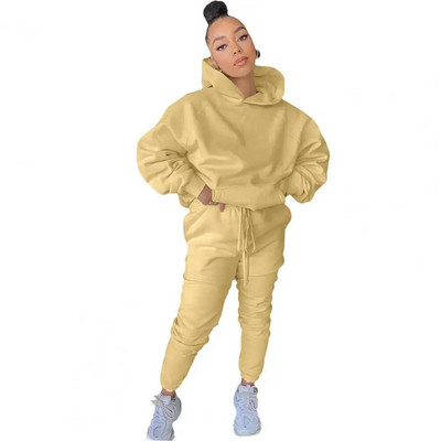 Есен Зима Комплект от 2 бр. Дамски анцуг Поларен пуловер с дълъг ръкав Топла горна качулка + панталони за джогинг Едноцветно облекло Комплекти спортни костюми