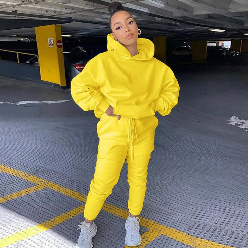 Есен Зима Комплект от 2 бр. Дамски анцуг Поларен пуловер с дълъг ръкав Топла горна качулка + панталони за джогинг Едноцветно облекло Комплекти спортни костюми