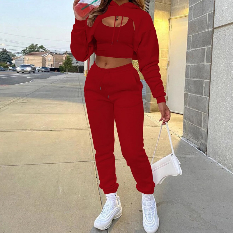 Есенно-зимен комплект от 3 бр. Дамски анцуг с дълъг ръкав Едноцветен спортен костюм