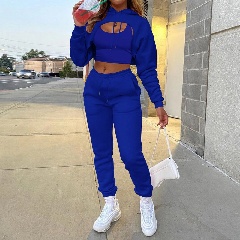 Есенно-зимен комплект от 3 бр. Дамски анцуг с дълъг ръкав Едноцветен спортен костюм