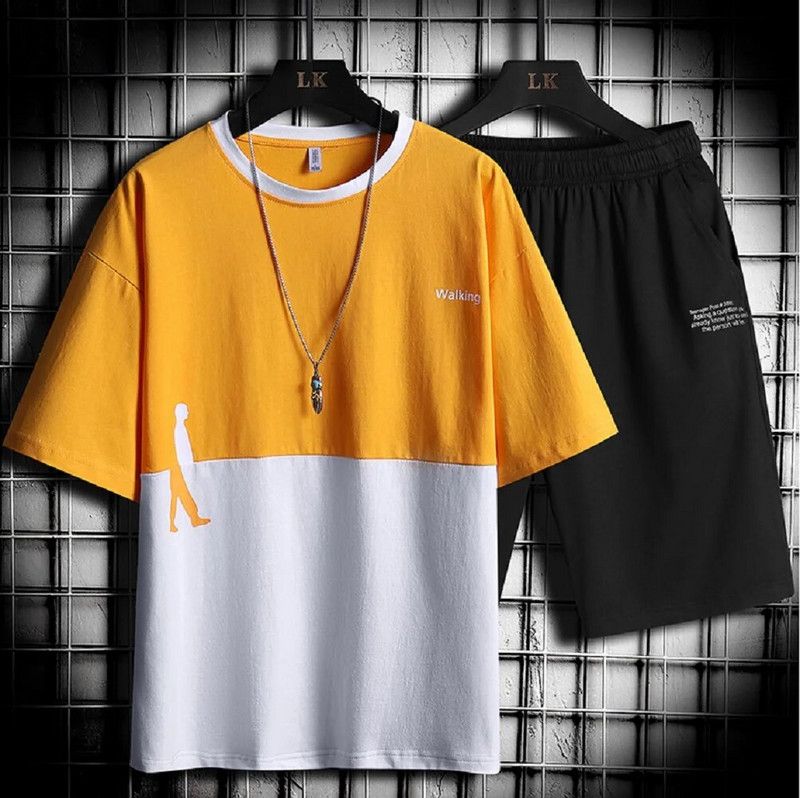 Анцуг Мъжки комплекти летни шорти Мъжки ежедневни Wolkman Patchwork Свободни дрехи Мъжка тениска с къс ръкав + къси панталони 2 бр. Спортно облекло