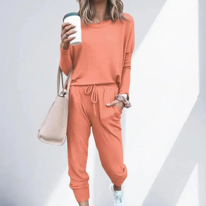 Дамски анцуг, плътни спортни костюми с кръгло деколте, есенни топли, ежедневни суичъри с дълги ръкави и панталони, комплекти от две части