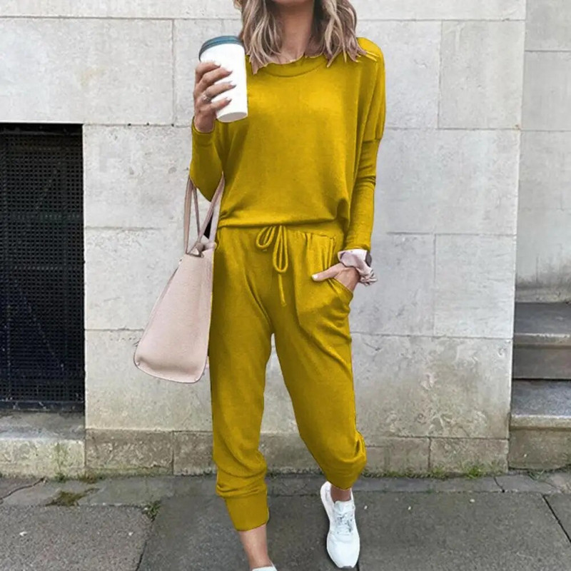 Дамски анцуг, плътни спортни костюми с кръгло деколте, есенни топли, ежедневни суичъри с дълги ръкави и панталони, комплекти от две части
