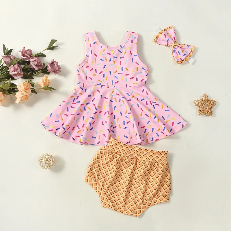 Летни новородени момичета 3 бр. Сладък костюм Детски понички с щампа Потници без ръкави Рокля с къси панталони с еластична талия Комплект облекла