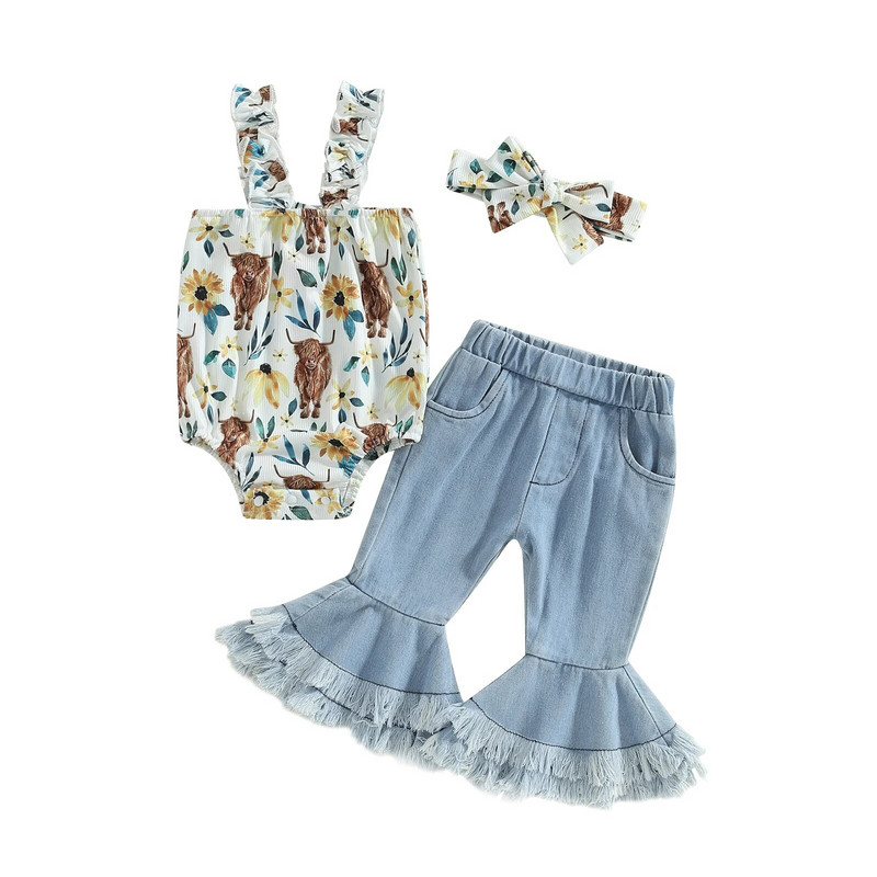 Моден летен костюм за бебета и момичета от 2 бр. Панталонен костюм за парти без ръкави с волани Полски горнища Дънкови кльощави панталони Лента за коса Горно облекло за малко дете