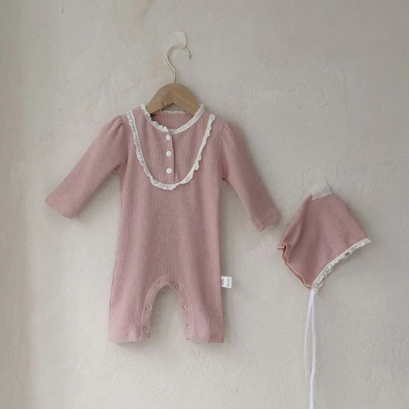 7576 Бебешки дрехи 2023 Есен Нова дантелена яка Едно парче дрехи за момичета Копчета Вафлени ежедневни дрехи за катерене.