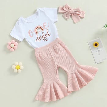 Ma & Bayi 6-18M Set Pakaian Bayi Perempuan Baru Lahir Balita Baju Monyet Motif Pelangi Huruf Pakaian Celana Flare Pakaian Musim Panas D01