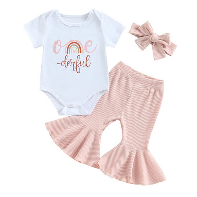 Ma & Bayi 6-18M készlet Pakaian Bayi Perempuan Baru Lahir Balita Baju Monyet Motívum Pelangi Huruf Pakaian Celana Flare Pakaian Musim Panas D01