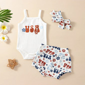 Ma & Bayi 0-18M Hari Kemerdekaan Bayi Baru Lahir Balita Bayi Perempuan Set Pakaian Baju Monyet Huruf Virágos Celana Pendek Ikat Kepala Pakaian D01