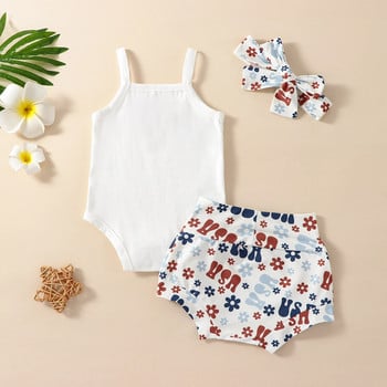 Ma & Bayi 0-18M Hari Kemerdekaan Bayi Baru Lahir Balita Bayi Perempuan Set Pakaian Baju Monyet Huruf Floral Celana Pendek Ikat Kepala Pakaian D01