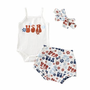 Ma & Bayi 0-18M Hari Kemerdekaan Bayi Baru Lahir Balita Bayi Perempuan Set Pakaian Baju Monyet Huruf Floral Celana Pendek Ikat Kepala Pakaian D01