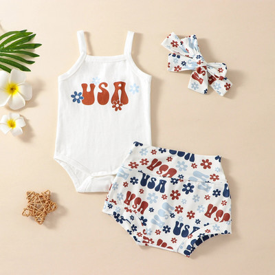 Ma & Bayi 0-18M Hari Kemerdekaan Bayi Baru Lahir Balita Bayi Perempuan Set Pakaian Baju Monyet Huruf Floral Celana Pendek Ikat Kepala Pakaian D01