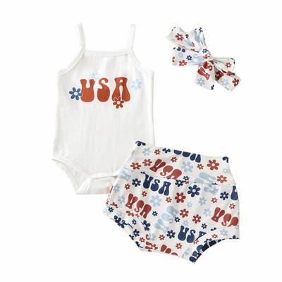 Ma & Bayi 0-18M Hari Kemerdekaan Bayi Baru Lahir Balita Bayi Perempuan Set Pakaian Baju Monyet Huruf Virágos Celana Pendek Ikat Kepala Pakaian D01