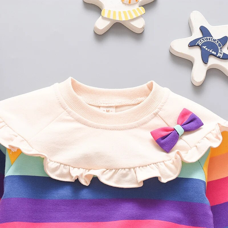 Есенна детска риза за момиченце Палто Суичъри на райета с дъгова панделка Яка за кукли Сладка блуза за малко дете Топ с дълъг ръкав