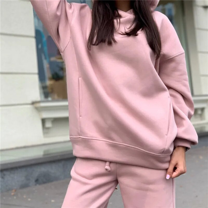 Дамски анцузи от 2 части Големи качулки+панталони Ежедневни спортни костюми Есен Зима Дамски суичър с качулка от тънък полар
