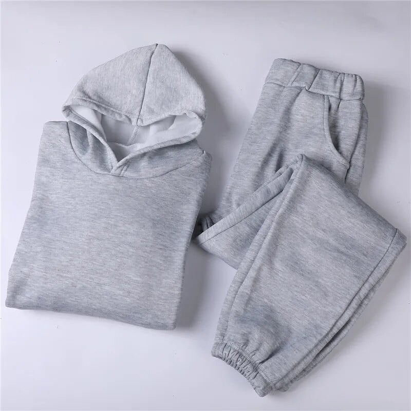Дамски анцузи от 2 части Големи качулки+панталони Ежедневни спортни костюми Есен Зима Дамски суичър с качулка от тънък полар