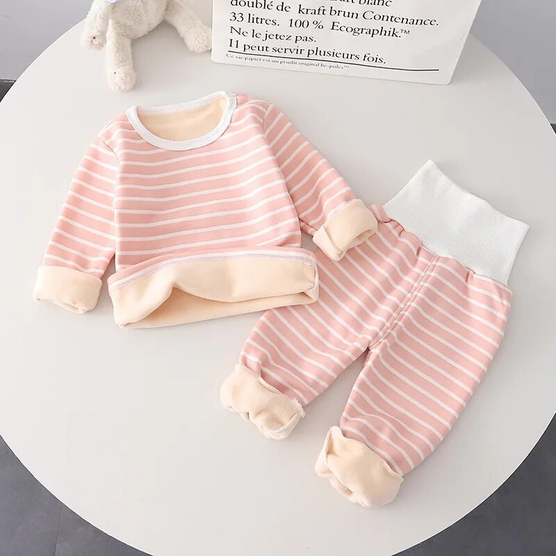 Детски комплекти дрехи за деца Есен Зима Дебели горнища на райета и панталони с висока талия 2 бр. за момичета Момчета Костюми Пижама