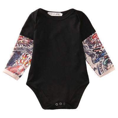 Nyári pamut Újszülött Boy Body Ruhák Tetoválások Nyomtatott Hosszú ujjú Body Jumpsuit Outfitek Fekete Szürke