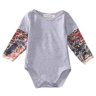 Nyári pamut Újszülött Boy Body Ruhák Tetoválások Nyomtatott Hosszú ujjú Body Jumpsuit Outfitek Fekete Szürke