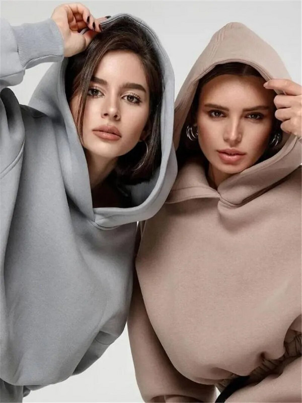 Дамски анцуг Ежедневни спортни костюми с качулка и дълъг ръкав Есен Зима Топли суичъри Панталони с шнурове Комплекти от две части