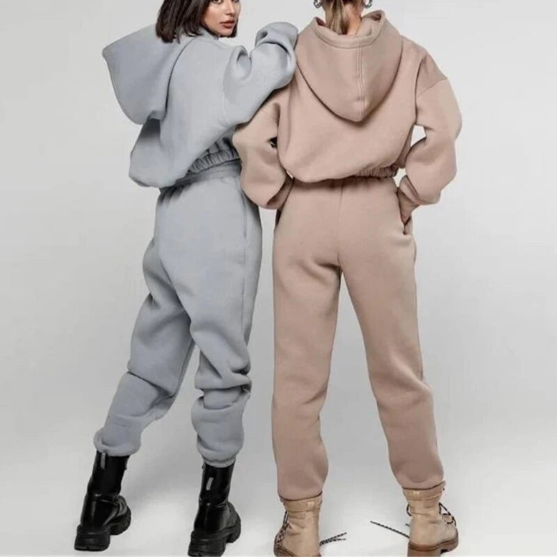 Дамски анцуг Ежедневни спортни костюми с качулка и дълъг ръкав Есен Зима Топли суичъри Панталони с шнурове Комплекти от две части