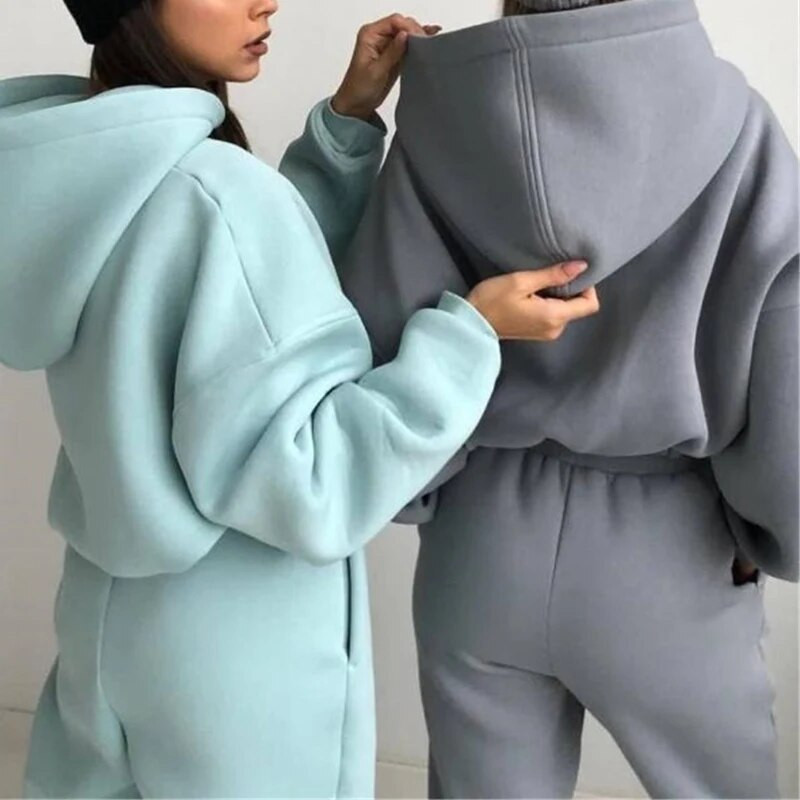 Дамски анцуг Ежедневни спортни костюми с качулка и дълъг ръкав Есен Зима Топли суичъри Панталони с шнурове Комплекти от две части
