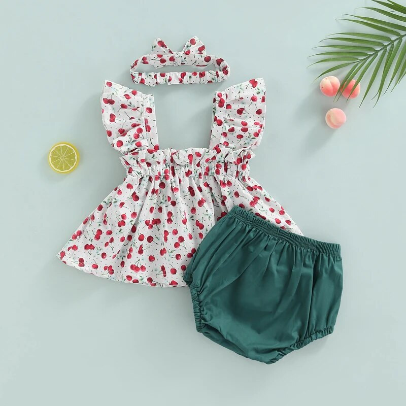 Ljetni kompleti ljetne odjeće za dojenčad, djevojčice, ležerne majice bez rukava s volanima i trešnjama, kratke majice s trakom za glavu, dječja odjeća