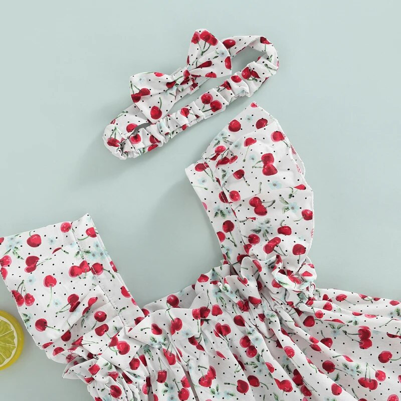 Ljetni kompleti ljetne odjeće za dojenčad, djevojčice, ležerne majice bez rukava s volanima i trešnjama, kratke majice s trakom za glavu, dječja odjeća