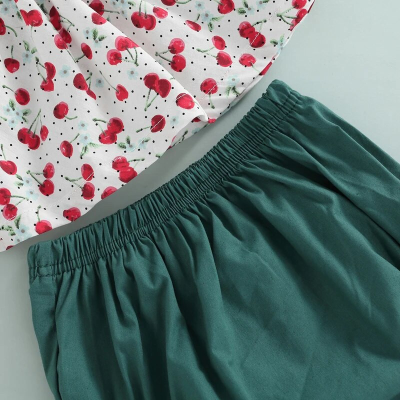 Ljetni kompleti ljetne odjeće za dojenčad, djevojčice, ležerne majice bez rukava s volanima i trešnjama, kratke majice s trakom za glavu, dječja odjeća