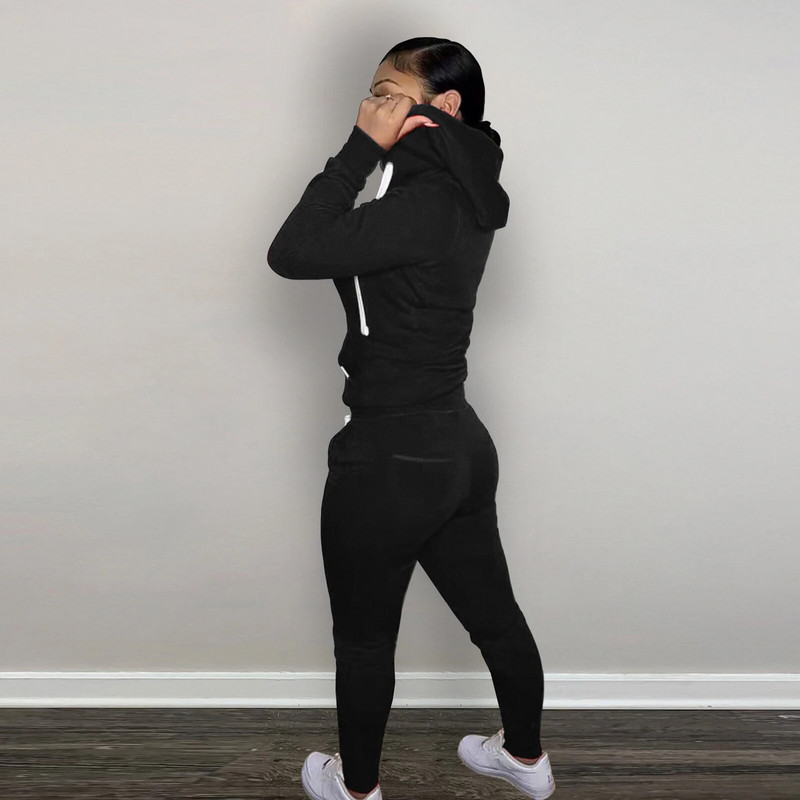 Jesen Zima Komplet od 2 dijela od flisa Ženska trenirka Jednobojna ležerna odjeća Sportsko odijelo Dugih rukava, tanka jakna s kapuljačom + jogger hlače