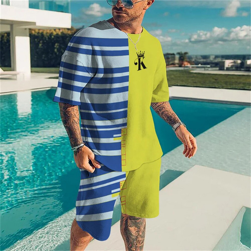 Ljetno muško sportsko odijelo kratkih rukava 3D printana prugasta majica kratkih rukava Kratke hlače 2-dijelno sportsko odijelo s ovratnikom Sportsko odijelo