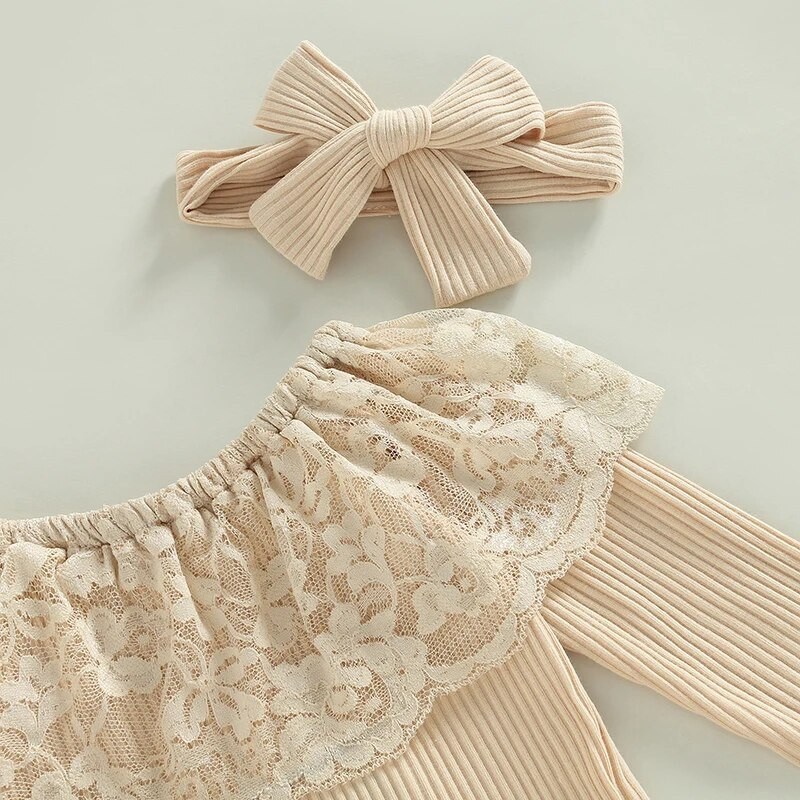 Lapsed Beebid Tüdrukud Kaheosalised rõivad Moodsad püksid, kostüümid, pikkade varrukatega pits, kootud teksapüksid, peapael