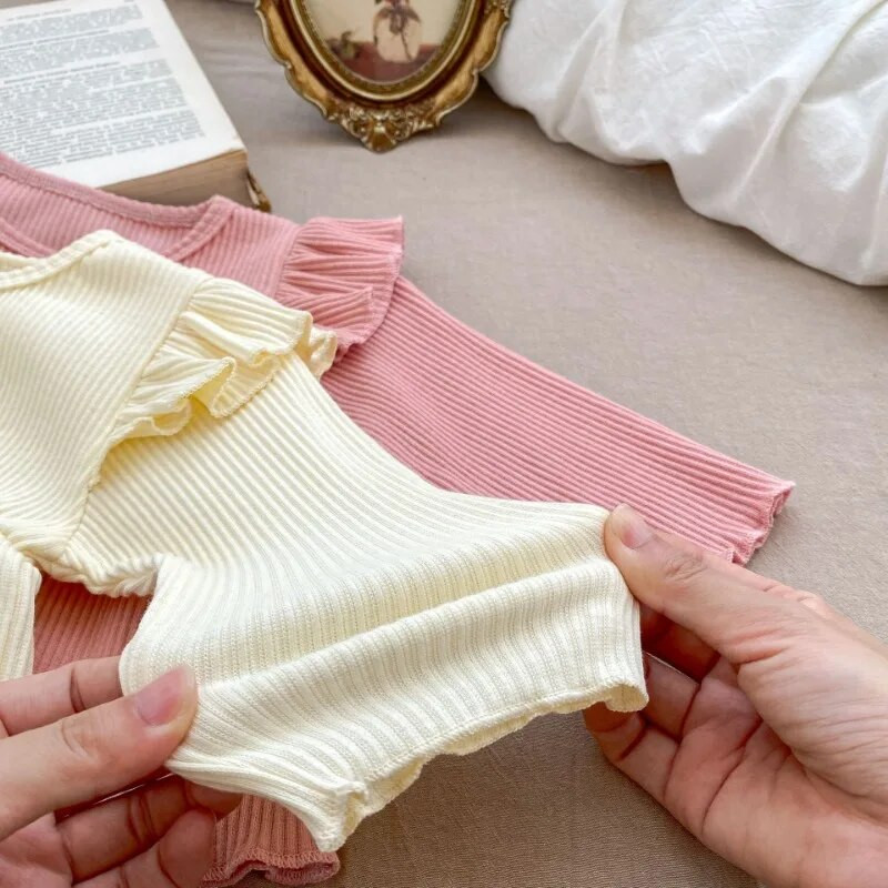 Ins 2023 Jesen Djevojčica Dječja kućna odjeća dugih rukava Jednostavne jednobojne rebraste ležerne majice + hlače 2 komada dječji pamučni modni set majica