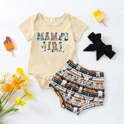 Lovely Newborn Baby Girls, 3 db Western Jumpsuits Outfitek Nyári Gyermek rövid ujjú Romper Tehénnyomat Rövidnadrág Fejpánt szett
