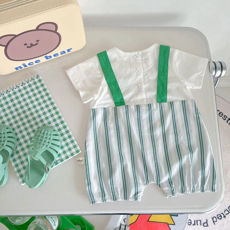 5487B korejiešu zīdaiņu kombinezons 2023. gada vasaras modes svītrainais dinozauru zēnu viengabala apģērbs 0–3 gadu mazuļu kāpšanai