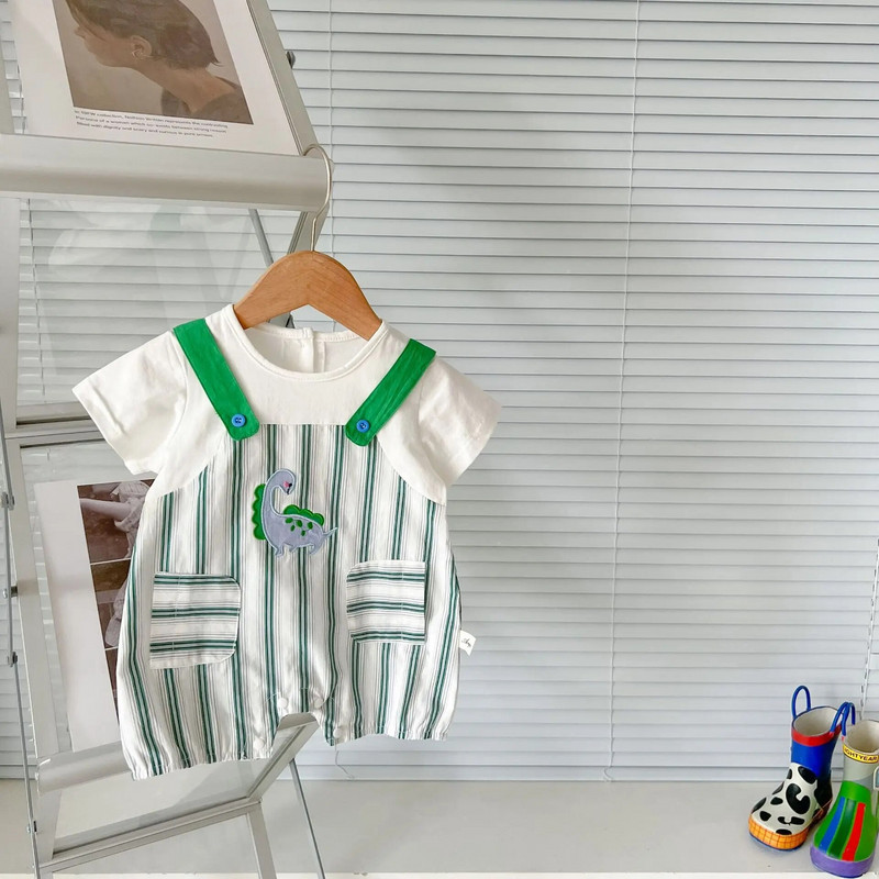 5487B korejiešu zīdaiņu kombinezons 2023. gada vasaras modes svītrainais dinozauru zēnu viengabala apģērbs 0–3 gadu mazuļu kāpšanai