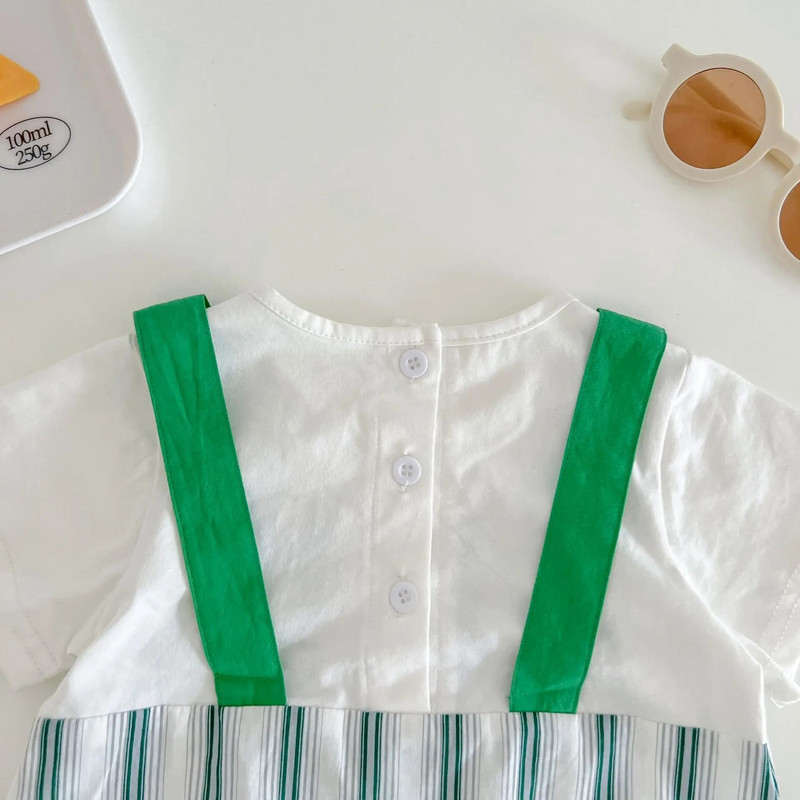 5487B korejiešu zīdaiņu kombinezons 2023. gada vasaras modes svītrainais dinozauru zēnu viengabala apģērbs 0–3 gadu mazuļu kāpšanai